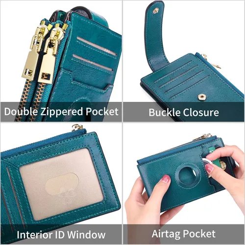 Vista 4 de FALAN MULE Billetera para mujer con tarjetero de Leahter Bifold con funda integrada integrada, AA-Azul pavo real, Billetera plegable con Airtag
