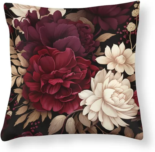 Vista 10 de Fundas de cojín de satén elegantes, decorativas florales burdeos, suaves y lujosas, elegantes fundas de almohada de terciopelo floral para sofá