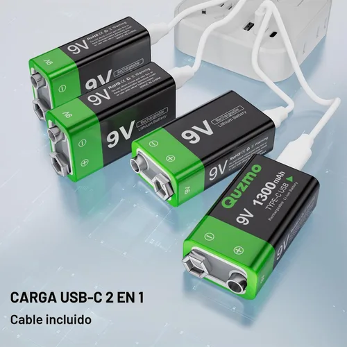 Vista 6 de Paquete de 2 baterías recargables de iones de litio de 9 voltios, 1300 mAh de larga duración, recarga USB-C con cable de carga 2 en 1 para alarmas