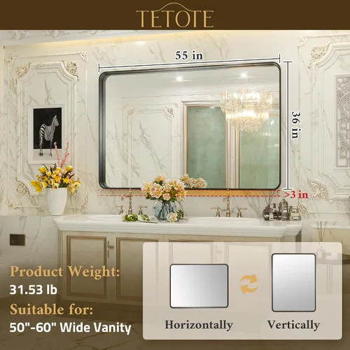 Vista 135 de TETOTE Espejo de marco dorado cepillado de 16 x 24 pulgadas, espejo de tocador de baño de latón dorado para pared, espejo enmarcado rectangular