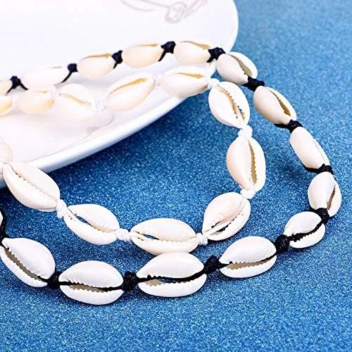 Vista 4 de Abitoncc - Collar de concha natural, pulsera de cordón de playa con concha de mar, gargantilla de perlas hecha a mano ajustable para niñas y mujeres