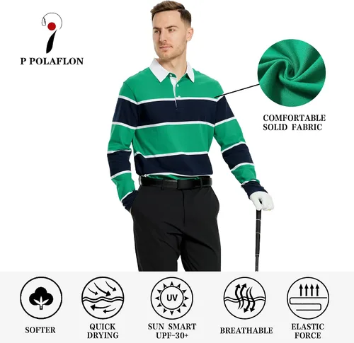 Vista 5 de Polo de golf para hombre, manga larga, a rayas, ajuste seco, casual, cuello piqué para hombre