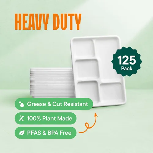 Vista 3 de Plato de papel 100% compostable, paquete de 125 unidades bandeja de 5 compartimientos desechable de calidad resistente, ecológica hecha de fibras