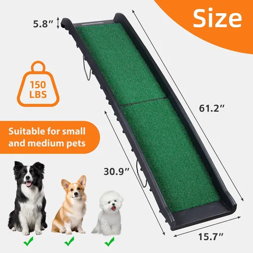 Vista 5 de Rampa plegable para perros para coche, camión, SUV de 61 pulgadas, rampa portátil para mascotas con acolchado de césped para perros grandes