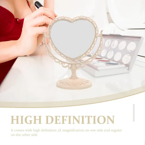 Vista 4 de Lurrose - Espejo de tocador con forma de corazón, espejo de maquillaje de doble cara con espejo de mesa de 360 grados con soporte para baño