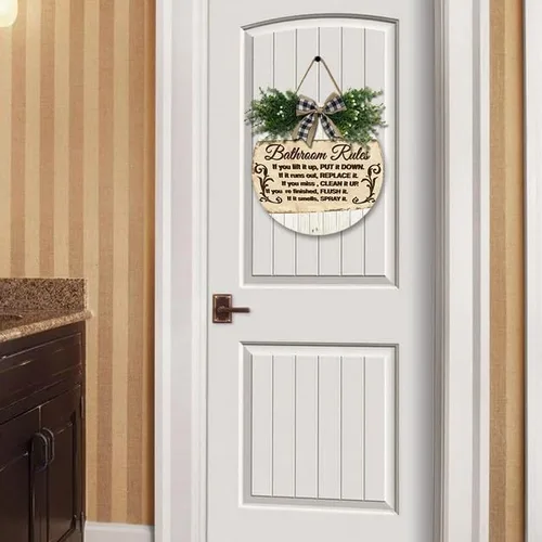 Vista 7 de Letrero de madera para baño, estilo granja, inodoro, placa colgante de madera, rústico, retro, decoración de pared para el hogar, rústico, casa
