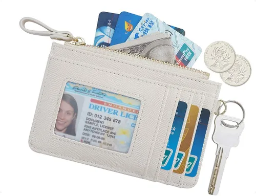 Vista 2 de Estuche Delgado para Tarjetas RFID para Mujer con Correa de Muñeca, Cartera con Cremallera para ID, Cartera de Cuero Pequeña, Monedero con Llavero