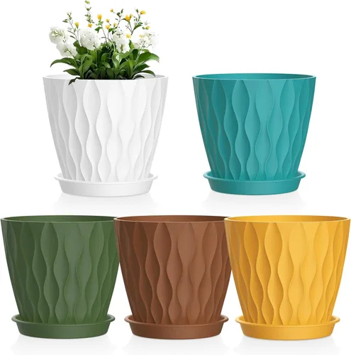 Vista 10 de Meowell Macetas pequeñas de plástico de 4 pulgadas, macetas de plántulas, juego de 5 macetas de ondas de agua para plantas de interior, macetas