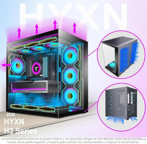 Vista 3 de H1 HYXN - Funda para PC, 7 ventiladores Infinity Mirror PWM ARGB preinstalados, carcasa de computadora ATX Mid Tower, funda de PC