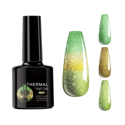 Vista 11 de Esmalte de uñas de gel que cambia de color de temperatura, esmalte de gel con purpurina, diseño holográfico de camaleón, diseño de arte de uñas