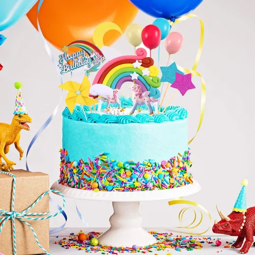 Vista 4 de Kit de decoración de pastel de unicornio con 2 esculturas, bolas de arco iris para suministros de fiesta de cumpleaños