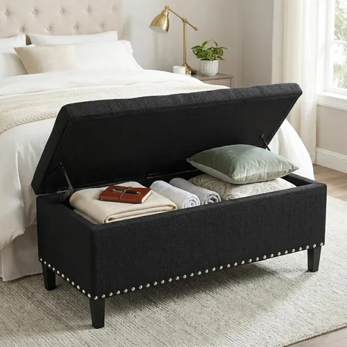 Vista 4 de otomana con almacenamiento de 41 pulgadas, banco otomano grande de almacenamiento para dormitorio Tufted Cotton Linen Bench with Nailhead Trim End