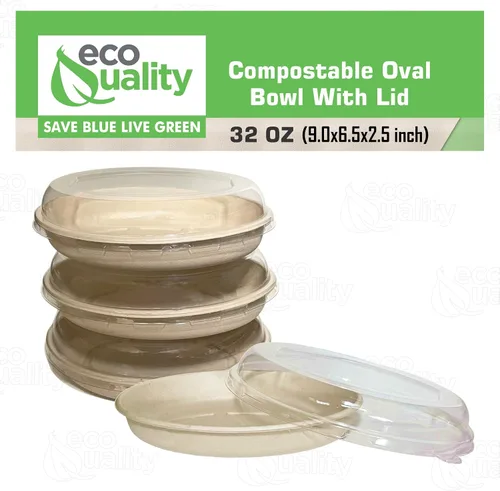 Vista 5 de Cuencos de burrito ovalados desechables de fibra compostable de 32 onzas con tapas de cúpula, resistentes, ecológicos, bagazo natural sin blanquear