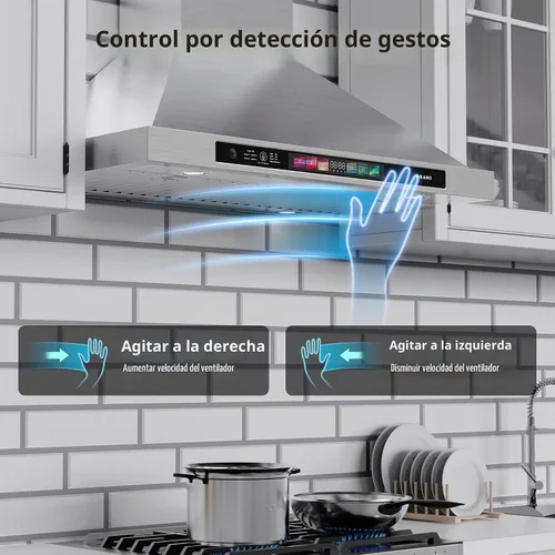 Vista 4 de BRANO Campana extractora de 30 pulgadas montada en la pared 900 CFM con control por voz/gestos/tacto, campana extractora de cocina de acero
