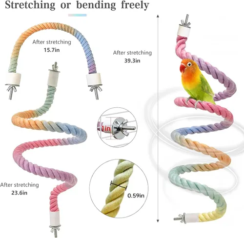 Vista 2 de Soporte de percha de cuerda de pájaro colorido degradado de 3 piezas Bird Cage Climbing Rope Toys Accessories,Bendable Climbing,Parakeet Lovebirds
