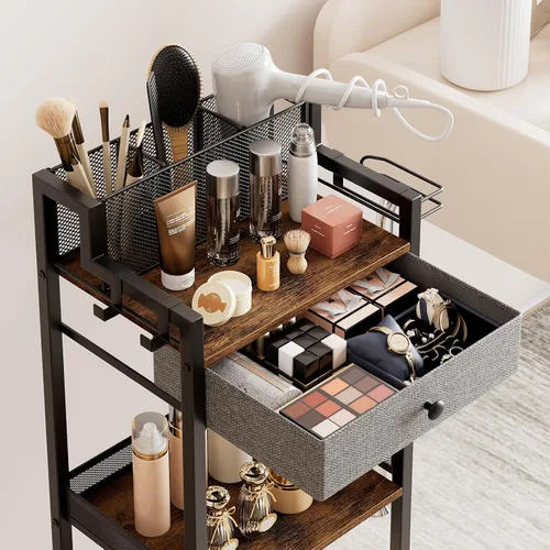 Vista 6 de Organizadores de almacenamiento de baño con cajón, unidad rodante de pie de metal de 3 niveles con soporte para papel higiénico, estante
