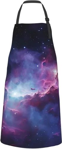 Vista 2 de Delantales de galaxia púrpura y azul para mujer con 2 bolsillos, delantal de cocina para hombres, resistente al agua y al aceite, delantal ajustable