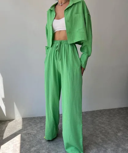 Vista 4 de GXFGZZRS Womens Two Piece Outfits Summer Button Down Long Sleeve Cropped Shirt Blouse and Drawstring Long Pants Linen Set