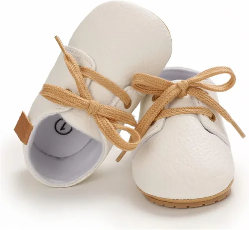Vista 5 de Zapatos de piel sintética para bebés, niños y niñas, suela de goma suave, con cordones, zapatos Oxford para cuna para niños pequeños que caminan