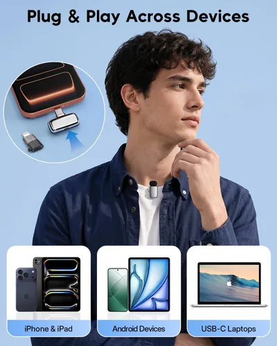 Vista 13 de ZealSound Mini micrófono inalámbrico Lavalier para iPhone, iPad, tabletas Android, PC (USB-C/Lightning), reducción de ruido/duración de la batería