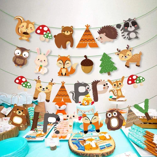 Vista 2 de Decoraciones de fiesta de bosque, pancarta de feliz cumpleaños con guirnalda de banderines de animales del bosque para niños y niñas, suministros