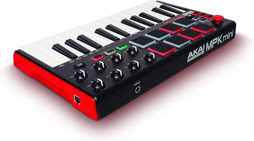 Vista 3 de Akai Controlador MIDI USB profesional MPK Mini Mk2 de 25 teclas con control de palanca, arpegiador incorporado, perillas asignables, incluye cable