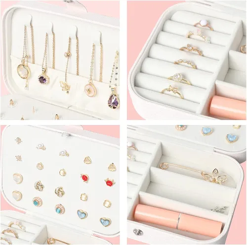 Vista 4 de Joyero para Viaje, Cajas Organizadoras de Joyería Pequeñas para Mujeres y Niñas, Estuche de Joyería de Viaje de 2 Capas, Estuche de Almacenamiento