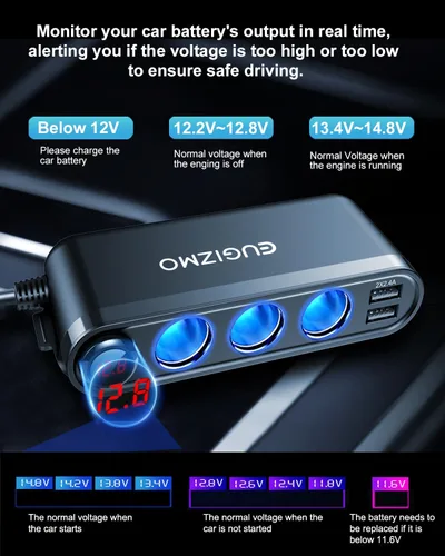 Vista 3 de Eugizmo - Divisor de encendedor de cigarrillos 7 en 1, adaptador de enchufe de cargador de coche de 200 W 1x PD30W USB-C, QC3.0 18W and 3x 2.4A