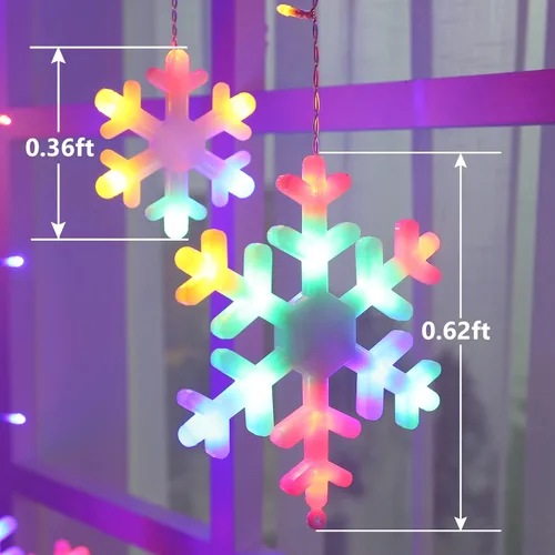Vista 4 de Luces de copo de nieve de Navidad para exteriores, 17.22 pies, 264 luces LED de carámbano de copo de nieve con 22 gotas, 8 modos conectables