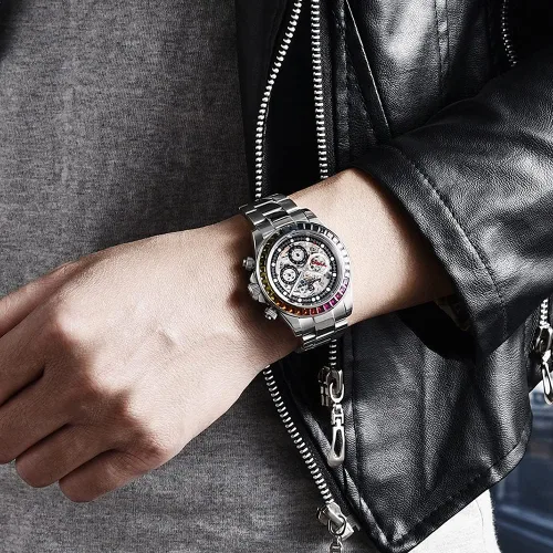 Vista 6 de Pagani Design Relojes mecánicos automáticos de lujo para hombre, esfera de esqueleto, acero inoxidable, bisel de arco iris, correa de goma, 328.1