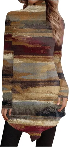 Vista 3 de Moda para mujer, a la moda, casual, de manga larga, cuello alto, holgada, holgada, túnica