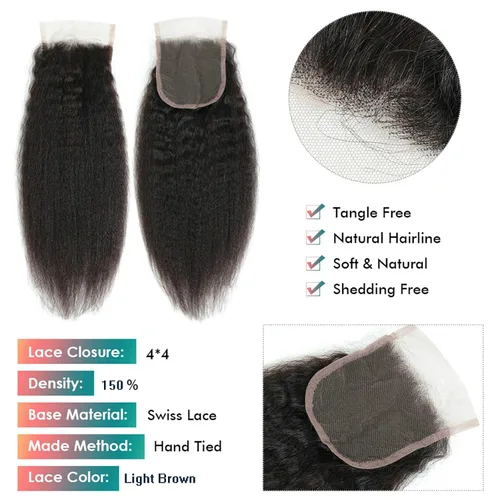 Vista 3 de Extensiones de cabello humano brasileño liso rizado de cierre 4x4 con parte libre marrón claro, encaje 150% de densidad, cabello Remy liso rizado