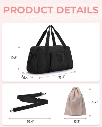 Vista 6 de BAGSMART Bolsa de fin de semana para mujer, bolsa de viaje con bolsa de zapatos para viajes, 26L para el aeropuerto, bolsa de mano para gimnasio