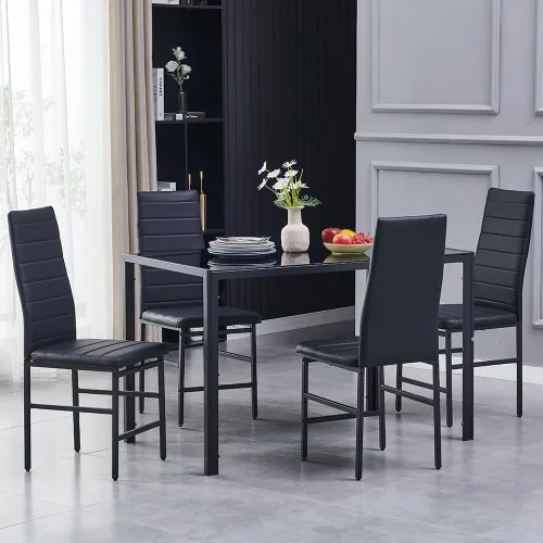 Vista 8 de Mesa de comedor rectangular negra de vidrio de 47.2 pulgadas, mesa de cocina moderna con mesa de vidrio templado y marco de acero de metal