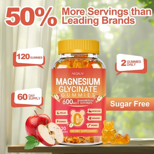 Vista 4 de Gomitas de glicinato de magnesio de 600 mg de alta absorción, glicinato de magnesio para mujeres y hombres con vitamina D, B6 y CoQ10 para adultos