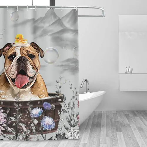 Vista 5 de jamie world Cortina de ducha de granja en blanco y negro, divertida cortina de ducha floral de bulldog para baño, cortina de ducha de animales, tela