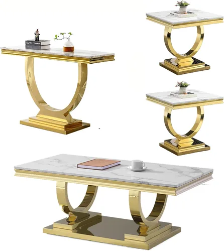 Vista 19 de Juego de 2 mesas de café de mármol, juego de mesa de sala de estar de 2 piezas que incluye 1 mesa auxiliar y 1 mesa auxiliar, moderna mesa de centro