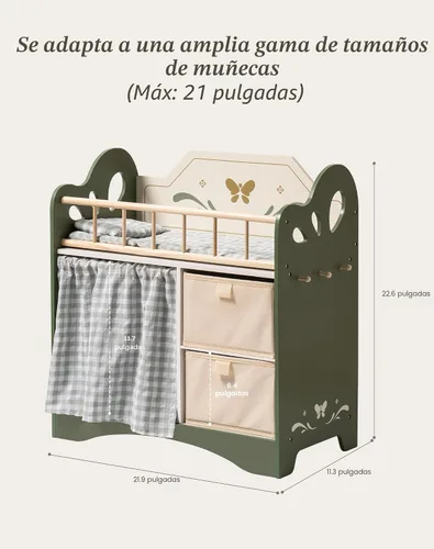 Vista 2 de ROBOTIME Cuna de muñeca de bebé, cama de madera para muñecas, cuna de bebé de juguete con almacenamiento, ropa de cama y ganchos de madera, cuna