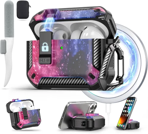 Vista 22 de Maxjoy Funda para AirPods Pro 3 2025, MagSafe compatible con bloqueo automático, funda protectora a prueba de golpes con soporte para teléfono