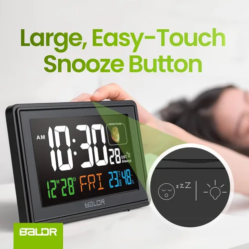 Vista 3 de BALDR Relojes Atómicos para Dormitorios Pantalla Digital Grande - Negro - Reloj de Escritorio con Temperatura Interior y Humedad, Reloj de Mesa
