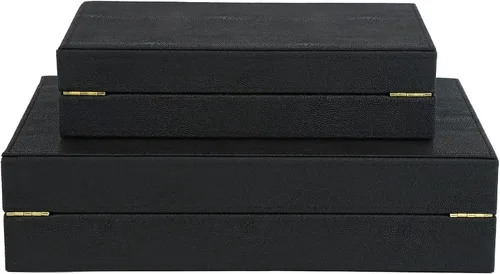 Vista 8 de HofferRuffer Juego de 2 cajas decorativas de piel sintética, organizador de accesorios grande de recuerdos, organizador de joyas con tapa con Negro