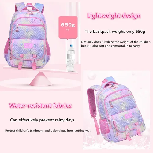 Vista 6 de Mfikaryi Mochila para niñas, 3 piezas con lonchera, mochila para niñas, Rosa claro, Moda