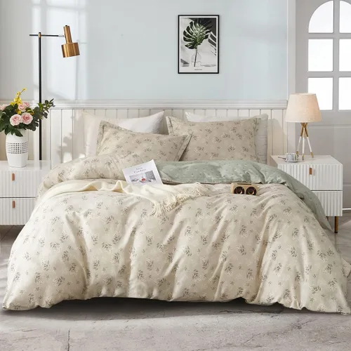 Vista 22 de EAVD Elegante funda de edredón floral pequeña, tamaño individual, suave, 100% algodón, con estampado floral pequeño, con 2 fundas de almohada