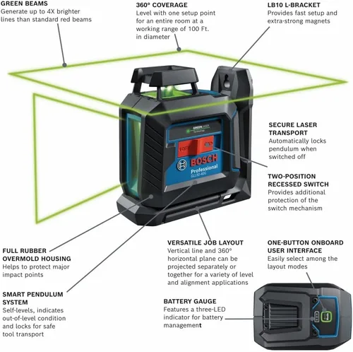 Vista 2 de Bosch GLL50-40G - Láser de línea cruzada autonivelante de haz verde de 360 grados, incluye 4 pilas AA, soporte en L, clip para techo y estuche
