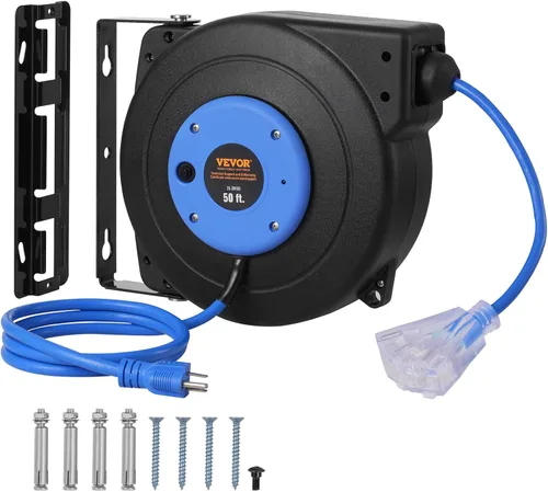 Vista 10 de VEVOR Carrete de cable de extensión retráctil, 30 pies, carrete de cable de alimentación retráctil resistente 16AWG/3C SJTOW con toma triple