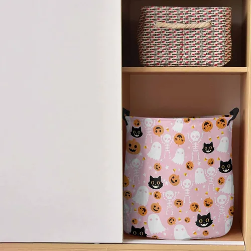 Vista 2 de Cesta de lavandería rosa para Halloween, bolsa plegable con asas fáciles de transportar, pequeña cesta plegable independiente, plegable, Blanco