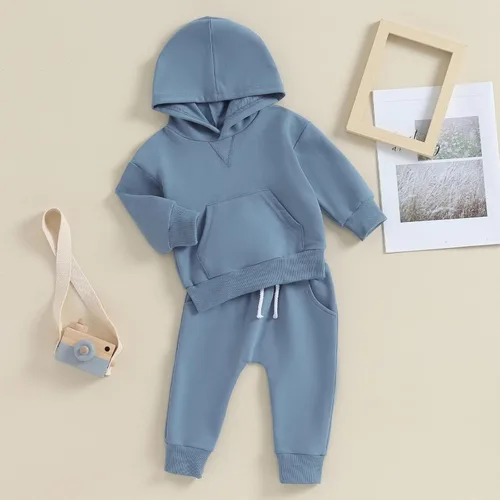Vista 2 de Ropa de otoño e invierno para bebé niño y niña, color sólido, manga larga, sudadera con capucha, pantalones deportivos