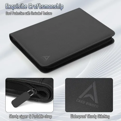 Vista 3 de Arkeiliy Carpeta de tarjetas con 9 bolsillos, bolsillos de doble cara con 30 fundas, soporte para tarjetas coleccionables con cremallera de alta