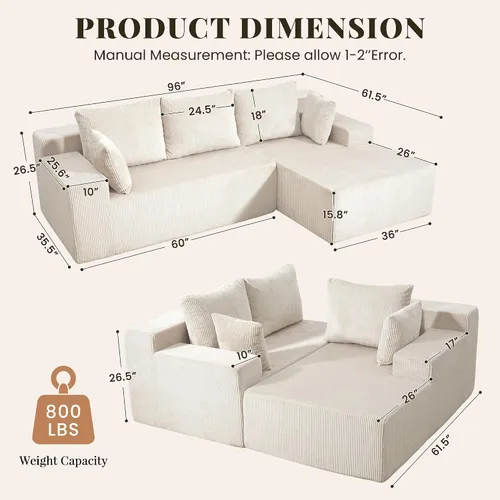 Vista 2 de Cloud - Sofá modular sin hueso para sala de estar, sofá modular en forma de L con asiento profundo de gran tamaño orientado a la derecha, sofá de 3