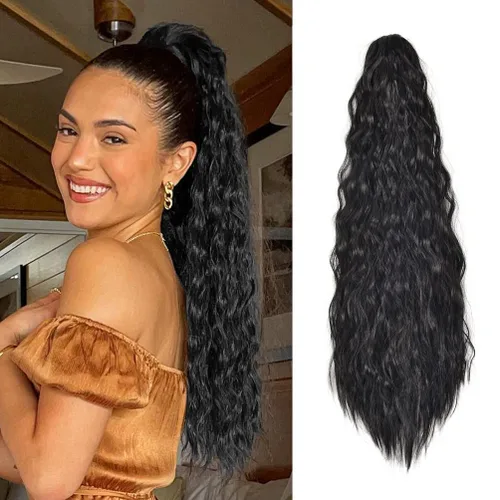 Vista 14 de YEAME Extensión de cola de caballo ondulada con clip de garra, cola de caballo de 22 pulgadas, pelo sintético castaño mezclado con rubio, cola